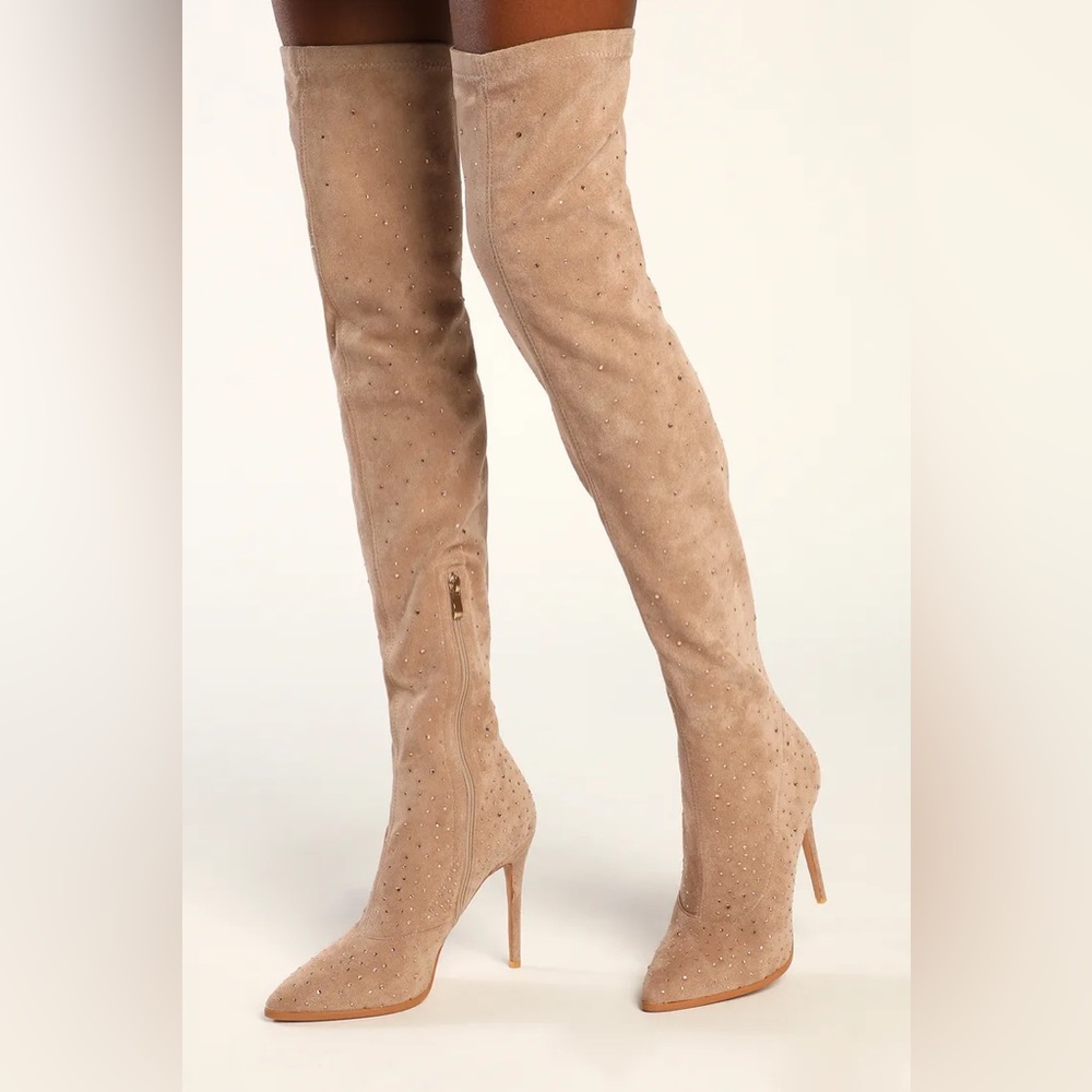 Glamur Light Nude Suede Rhinestone Over-the-Knee Stiletto Boots 6.5